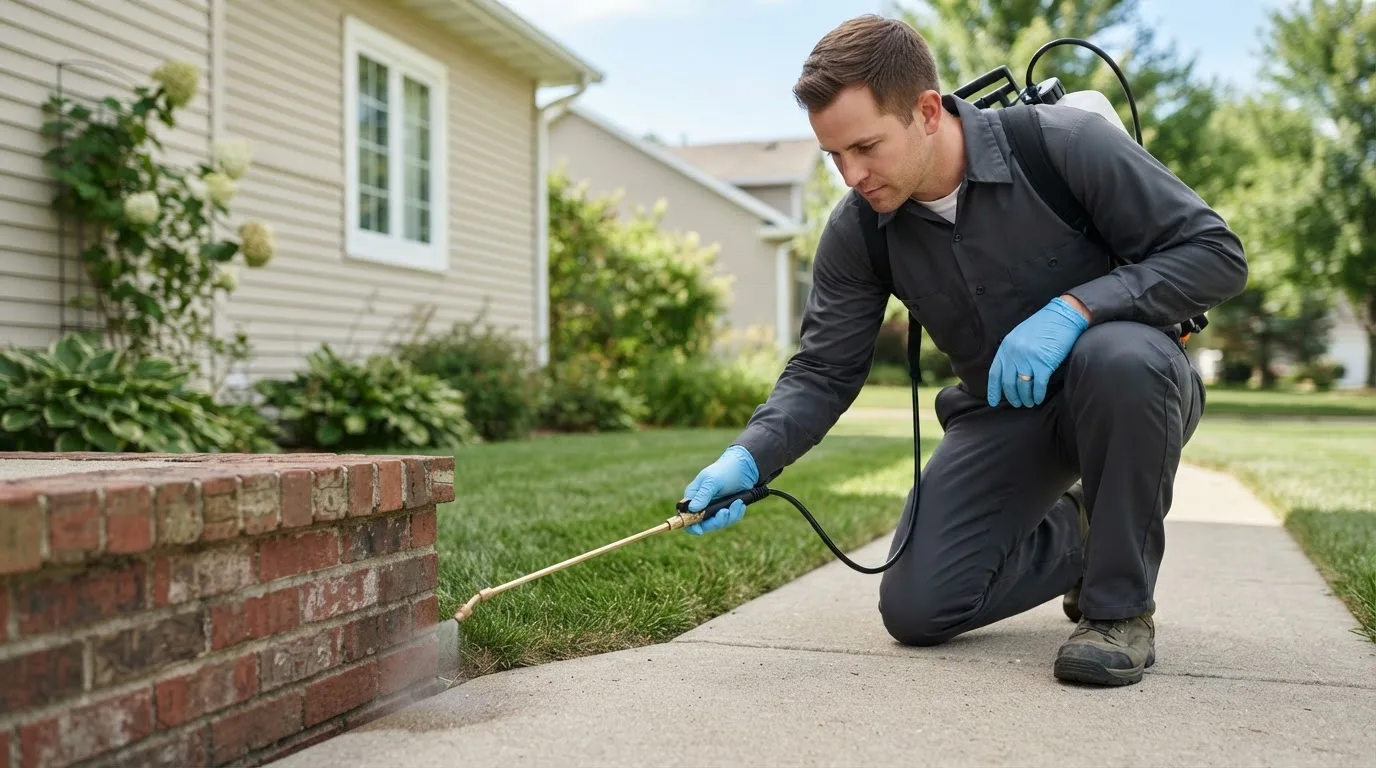 Pest control technician treating a home near Goodrich, TX