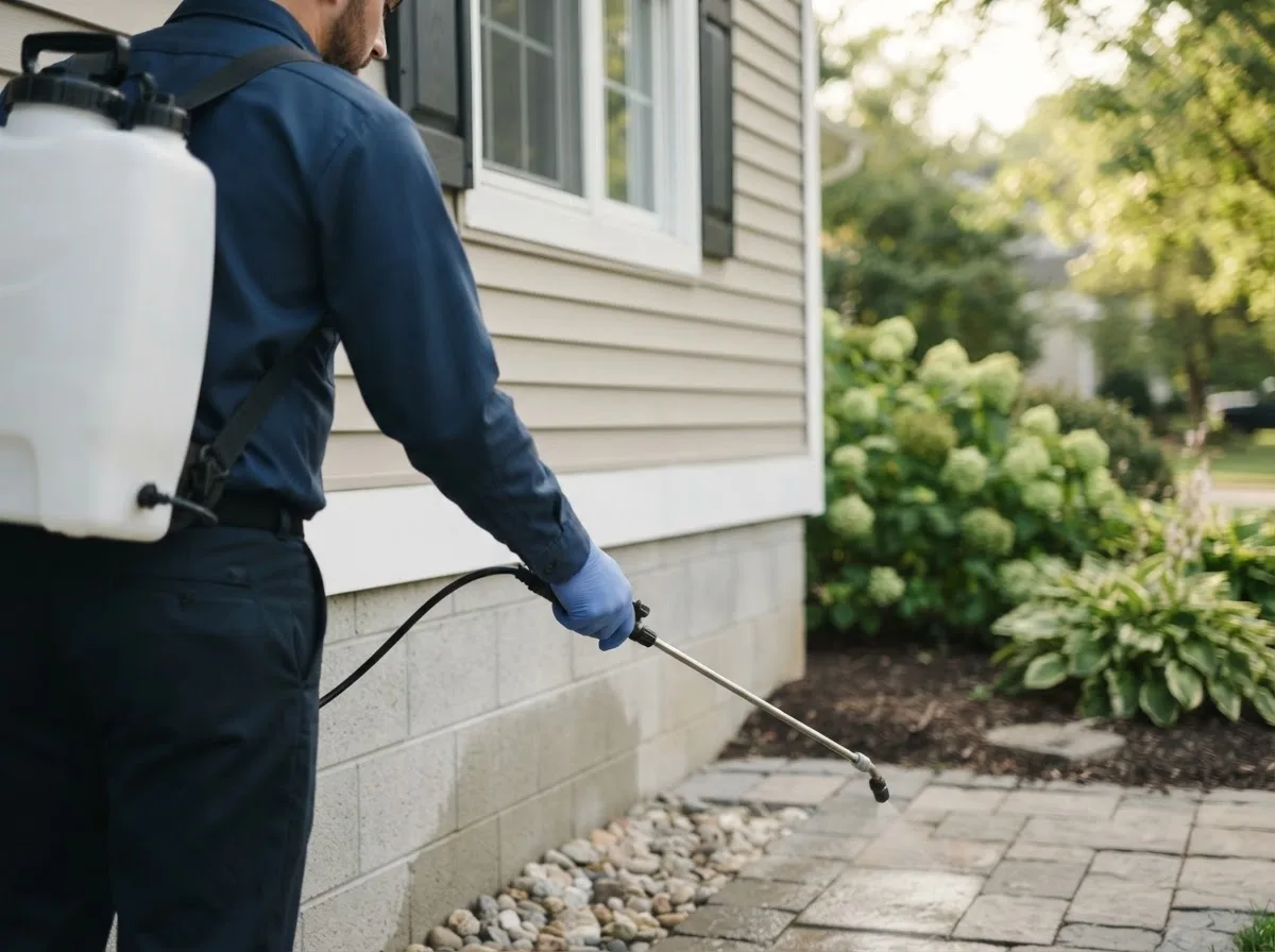 Pest control technician inspecting a home in Goodrich, TX